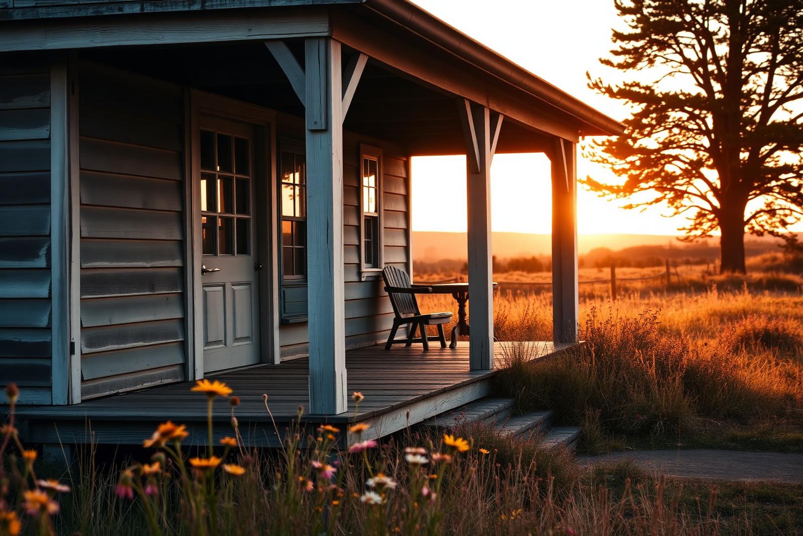 An old farmhouse porch at golden hour.